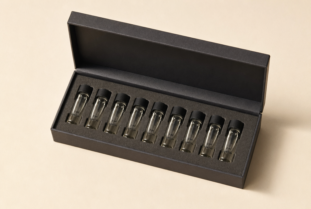 Coffret Magie Noire ouvert, huit flacons de 2 ml dans leur logement