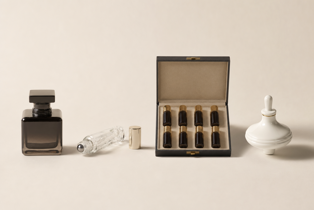 Les quatre objets OZPARFUM réunis sur un plan tan : flacon LILITH, ampoule de La Dose, coffret Magie Noire et flacon APOCALYPSE