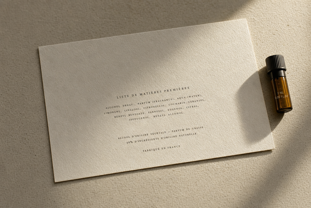Carte ingrédients imprimée en typographie, posée à côté d'un flacon de 2 ml