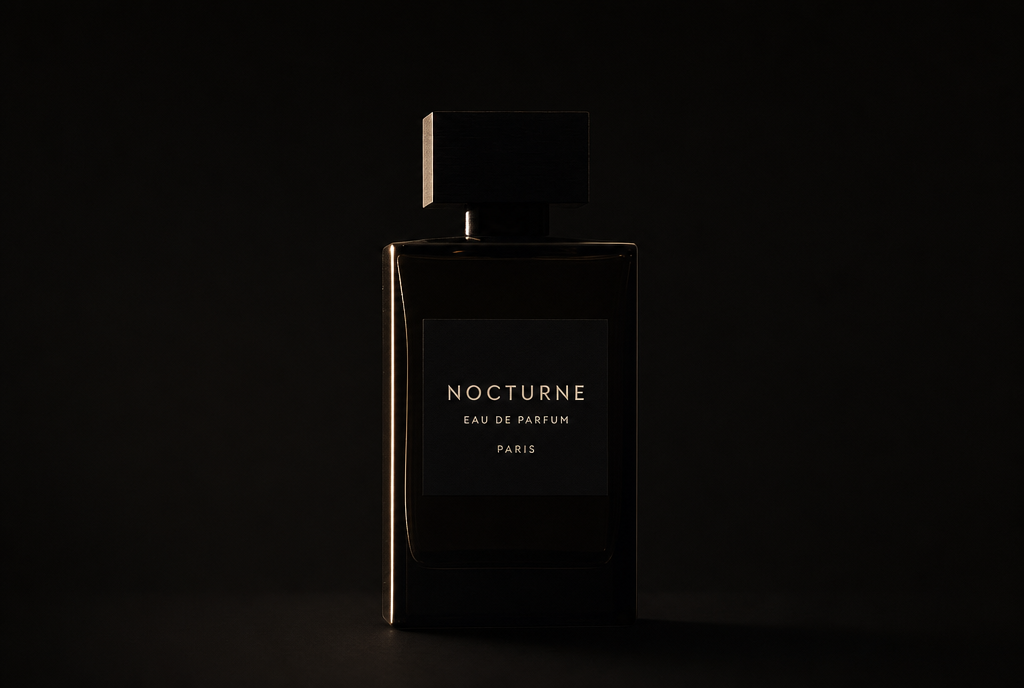 Flacon du parfum LILITH sur fond noir profond, étiquette sobre en capitales