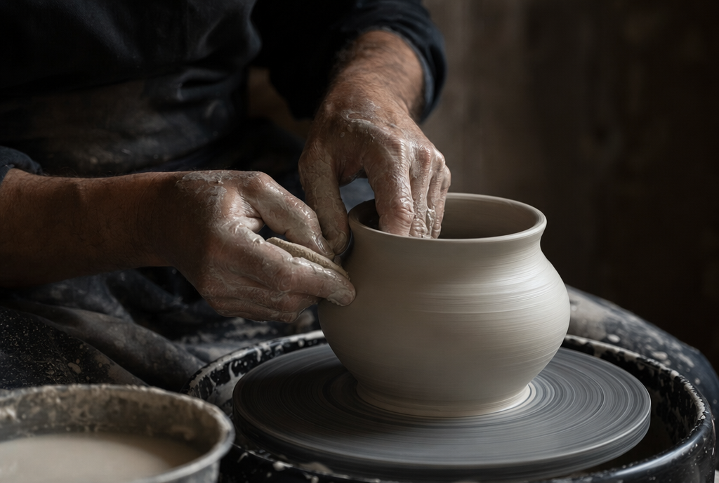 Atelier de porcelaine de Limoges, mains d'un tourneur façonnant une pièce sur son tour sous une lumière latérale